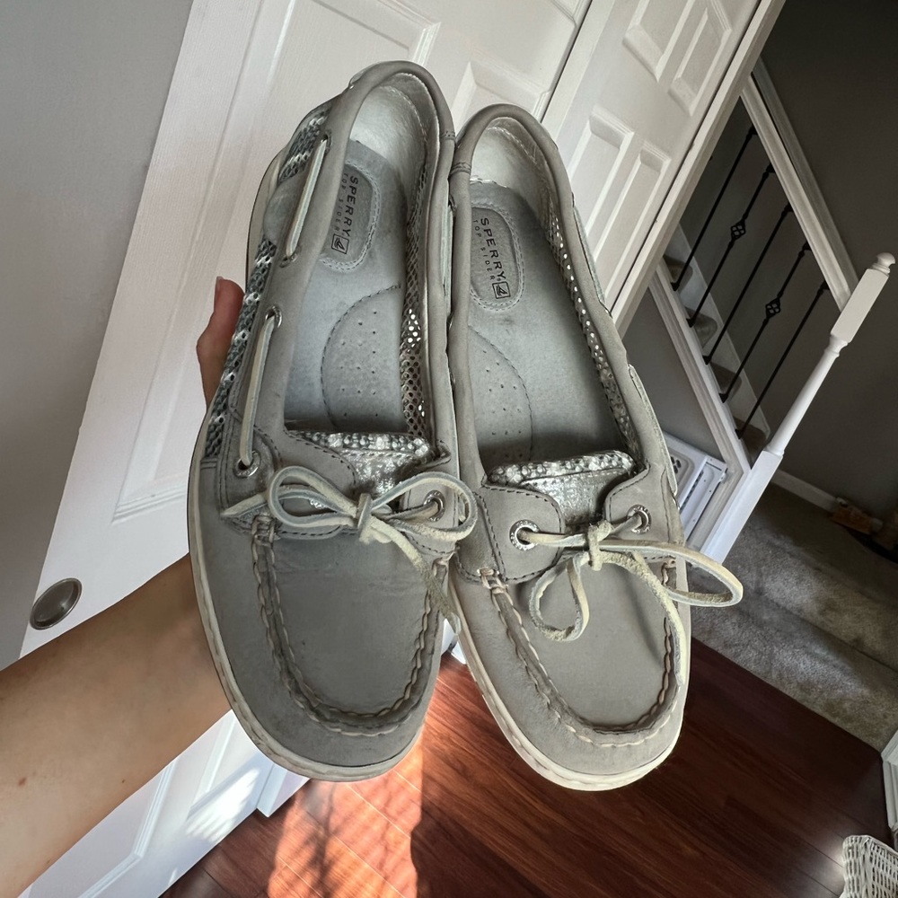 Sperry Women's 7.5 Angelfish Breton Stripe Mesh Slip-On Boat Shoe charcoal white - Picture 7 of 11